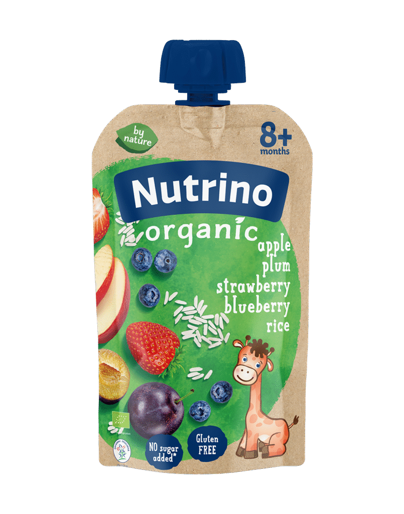 Nutrino Organic voćna kaša od jabuke, šljive, jagode i borovnice sa pirinčem 100g